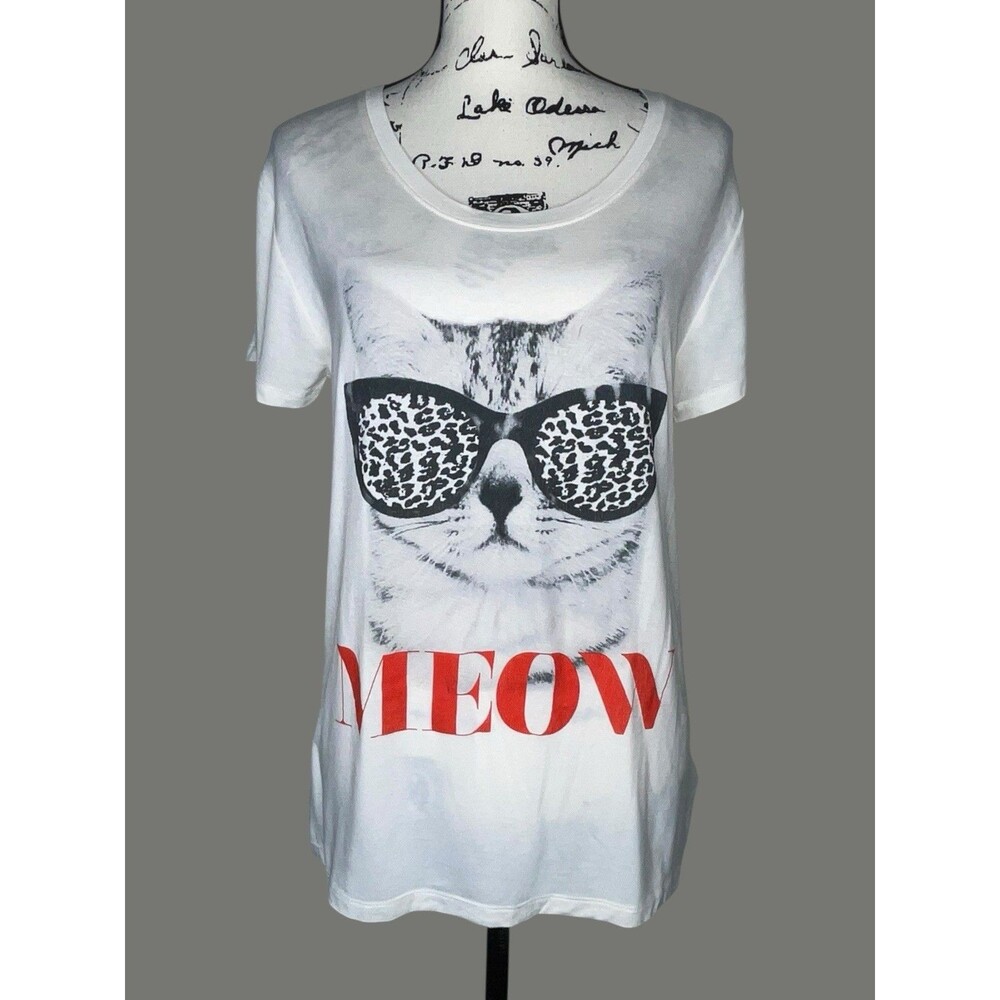 Forever 21 Rayon Cat Print Meow T Shirt Womens LG Cream Short Sleeve Graphic Tee